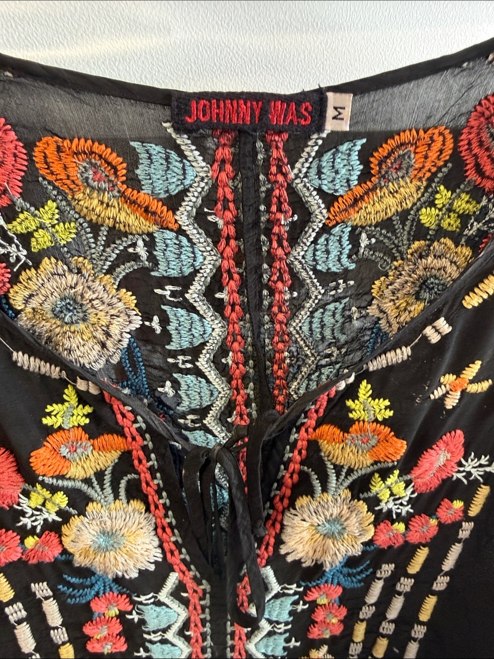 Johnny Was Black Embroidered Swim Coverup with Multicolor Floral Stitching